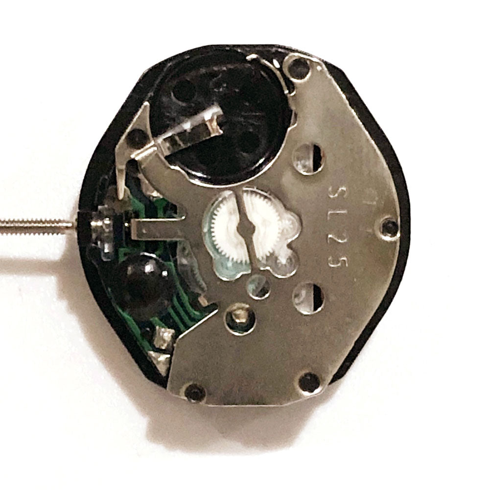 Sunon SL25 quartz watch movement showing three hands and date window at 3 o'clock.