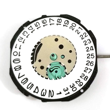 Quartz Sunon SL28 watch movement showing date window at 3/6 o'clock, three-hand time display