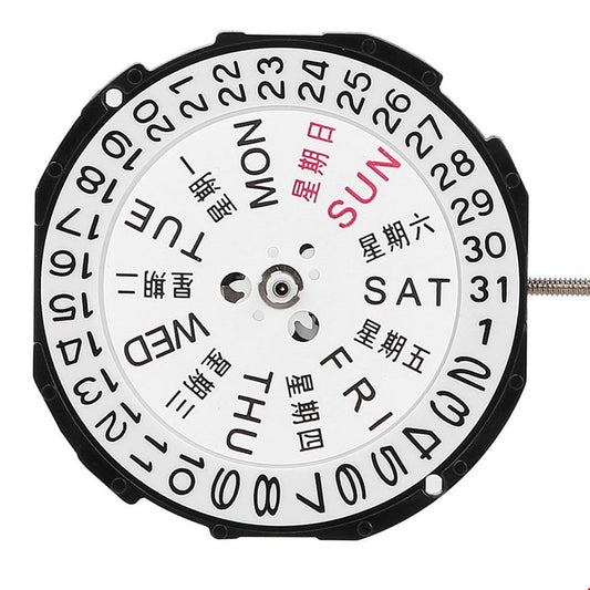 Sunon SL28 quartz watch movement with 3 hands, day-date display, precise timekeeping accessory.