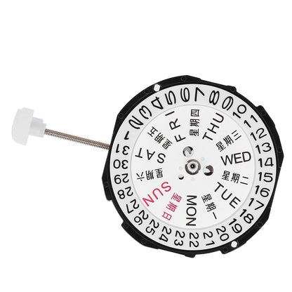 Sunon SL28 quartz watch movement with 3 hands and day-date display for precise watch repair.
