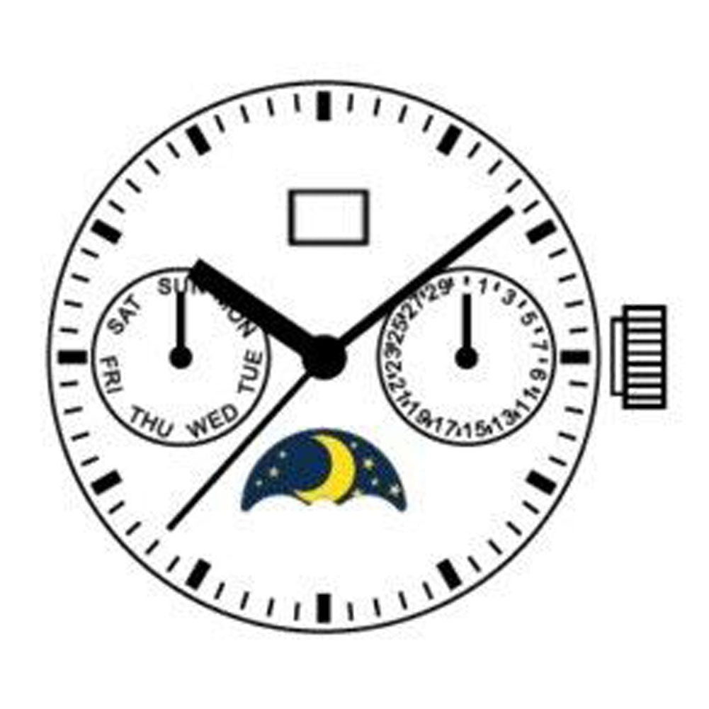 Seagull ST16 mechanical watch movement showcasing big date, three hands, and triple subdials for accurate timekeeping.
