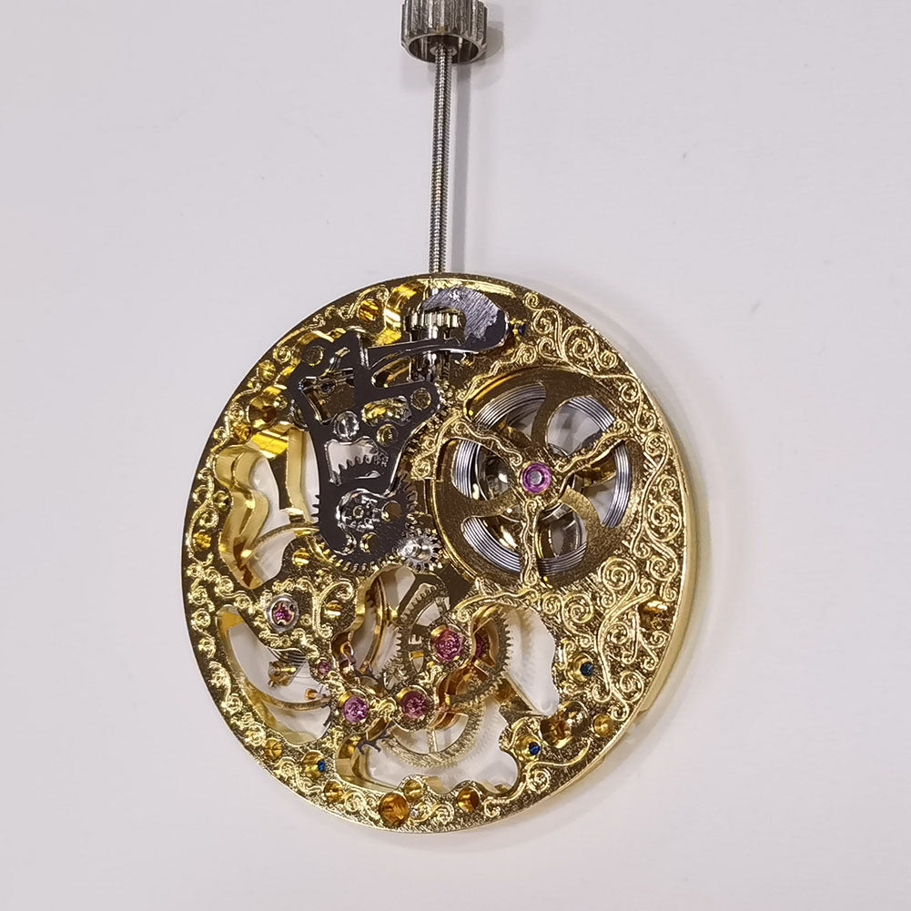 Seagull ST3600 mechanical watch displaying golden hollow ETA 6497 movement with second dial at 9 o'clock, elegant design.