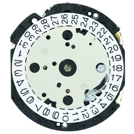 Hattori Epson VD53 quartz watch movement with date display at 3, 6, and 4:30 positions.