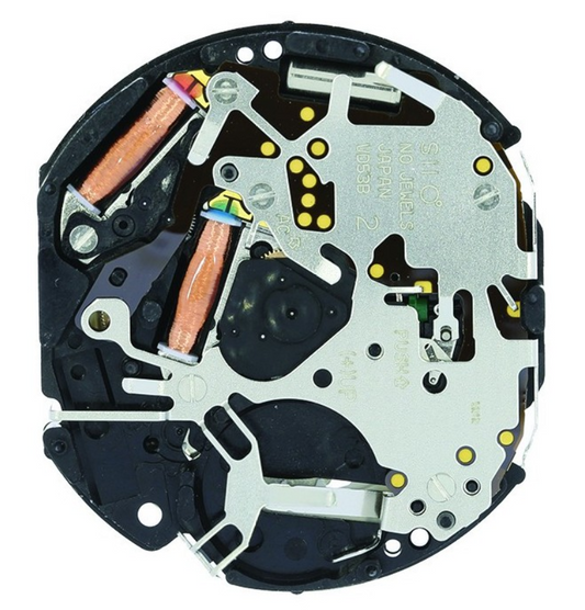 Hattori Epson VD53 quartz watch movement with date display at 3, 6, and 4:30 positions.