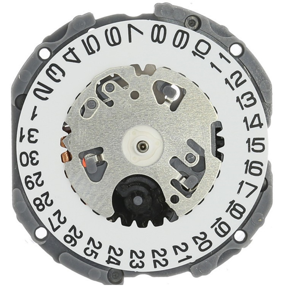 Hattori Epson TMI VJ12B quartz watch movement with date display at 3/6, Japan made precision component.
