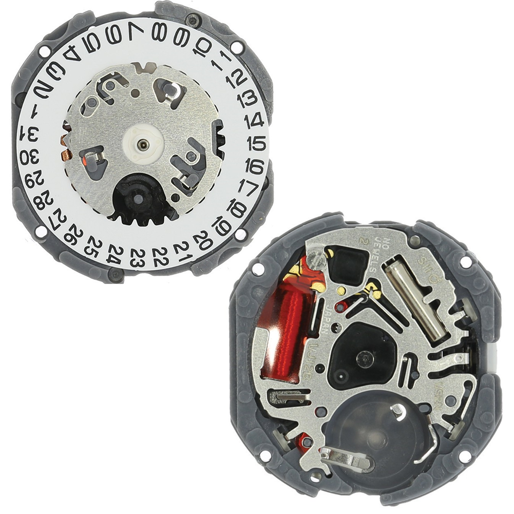 Hattori Epson TMI VJ12B quartz watch movement showing date display at 3 and 6 o'clock, Japan-made precision part.