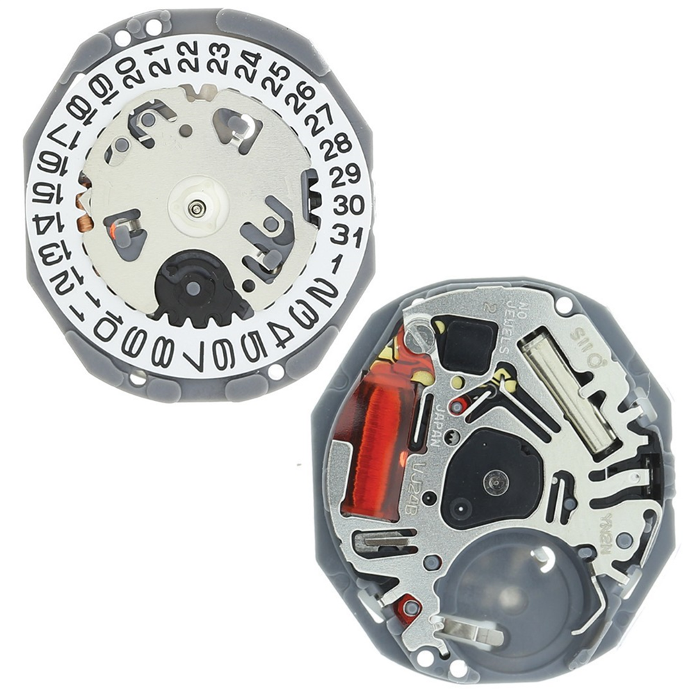 Hattori Epson TMI VJ24B quartz watch movement with date window at 3 o'clock, Japan-made precision component.