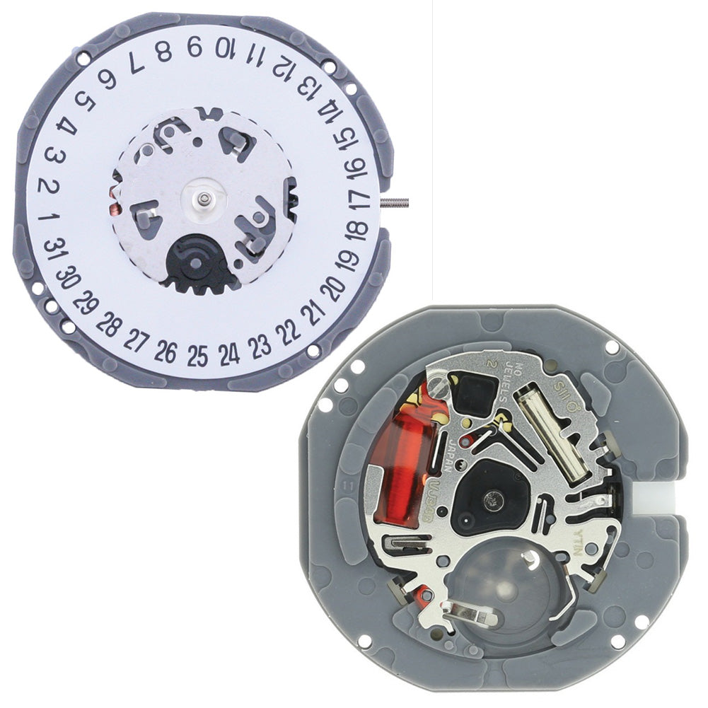Hattori Epson TMI VJ34B quartz watch movement with date windows at 3 and 6, Japan made.