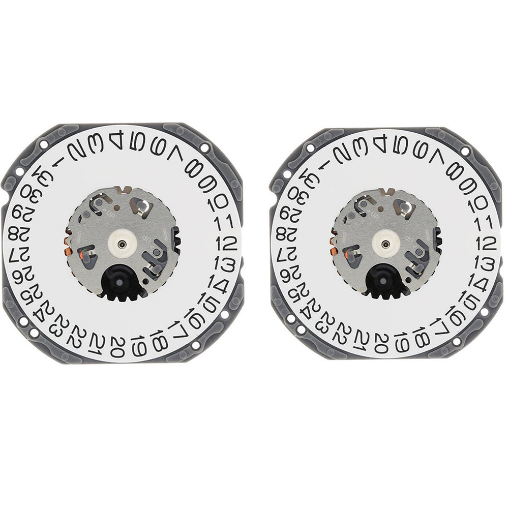 Hattori Epson TMI VJ42 quartz watch movement showing dual date windows at 3 and 6, Japan made.