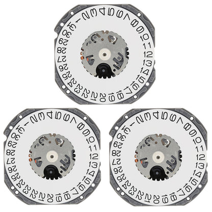 Hattori Epson TMI VJ42 quartz watch movement showing date windows at 3 and 6, Japan made.
