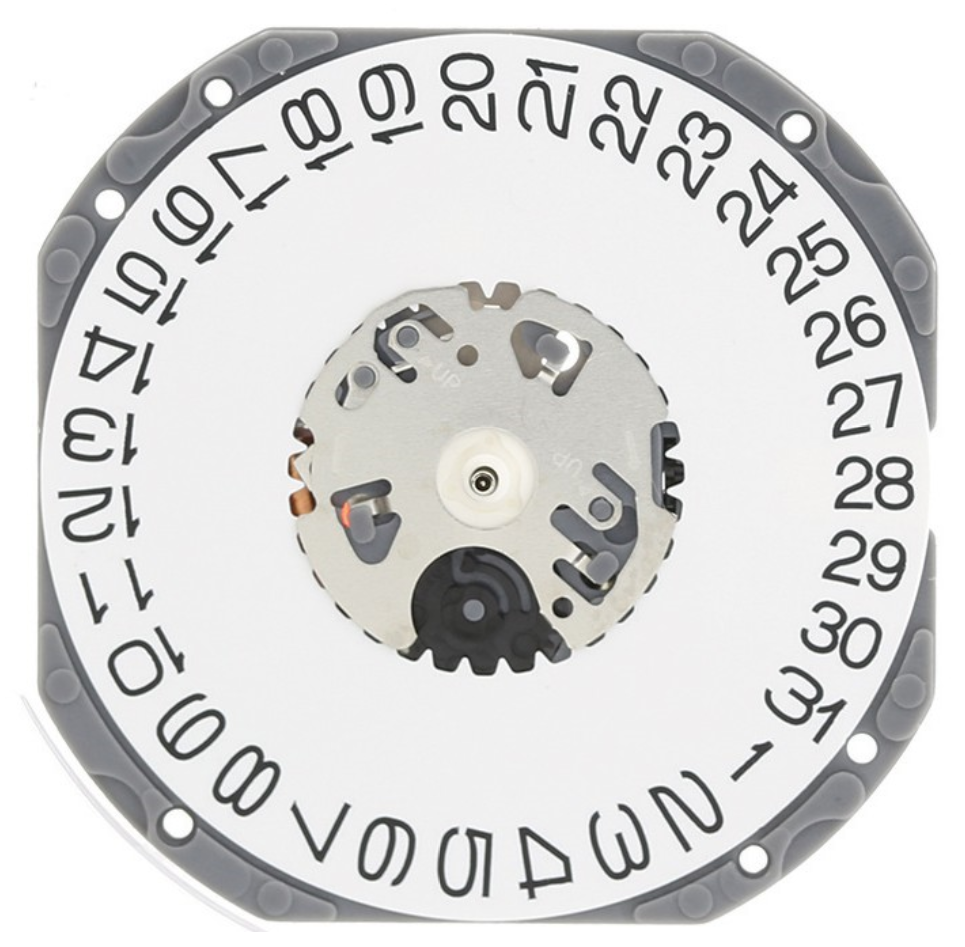 Hattori Epson TMI VJ52 quartz watch movement with date display at 3 and 6, Japan made.