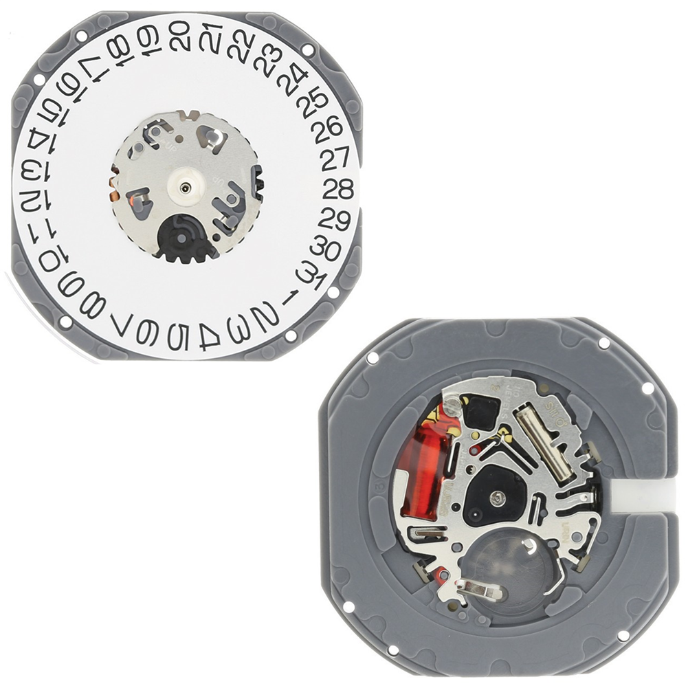 Hattori Epson TMI VJ52 quartz watch movement showing date displays at 3 and 6, Japan made.