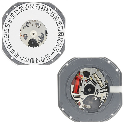 Hattori Epson TMI VJ52 quartz watch movement showing date displays at 3 and 6, Japan made.