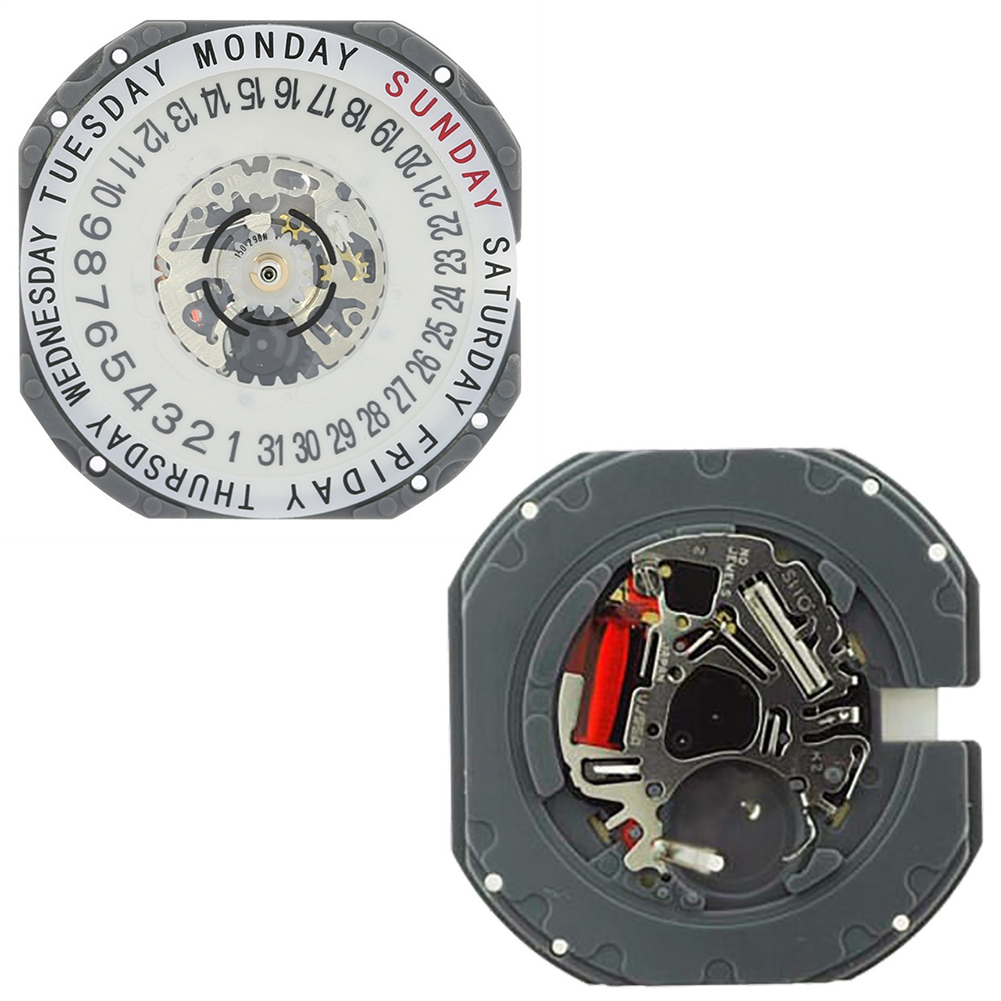 Hattori Epson TMI VJ55B quartz watch movement with date windows at 3 and 6 o?clock, Japan Made.