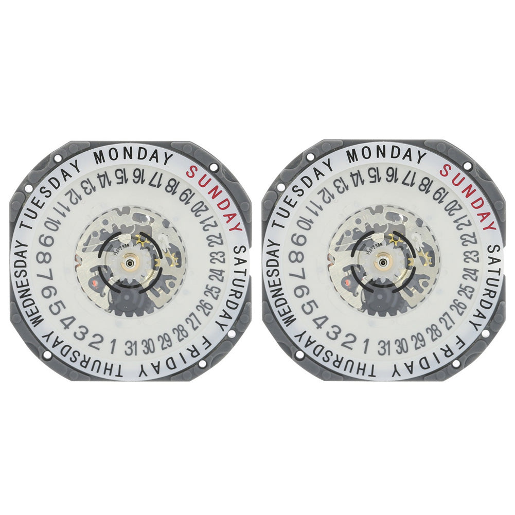 Hattori Epson TMI VJ55B quartz watch movement with dual date windows at 3 and 6 o?clock, Japan made.