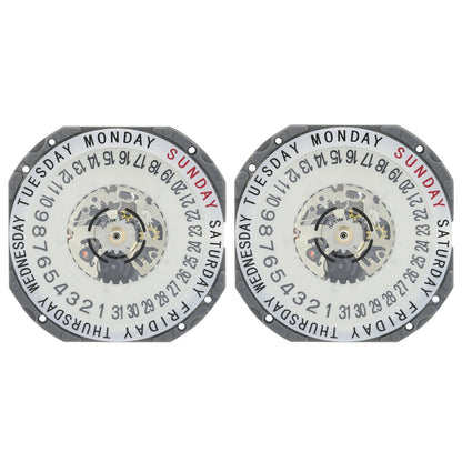 Hattori Epson TMI VJ55B quartz watch movement with dual date windows at 3 and 6 o?clock, Japan made.