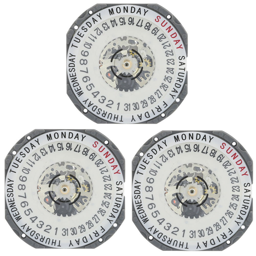 Hattori Epson TMI VJ55B quartz watch movement with dual date windows at 3 and 6 o?clock, Japan made.