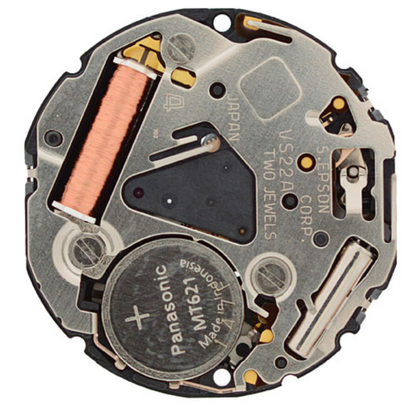 Hattori Epson VS22A solar-powered quartz watch movement, precise Japanese timekeeping component.