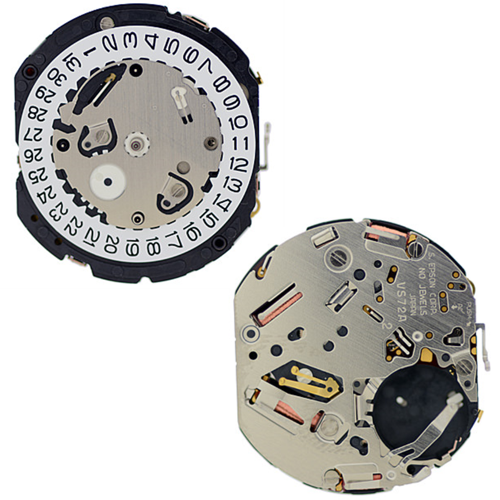 Hattori Epson VS72A solar quartz watch movement, Japan-made, precise timekeeping for watch repairs.