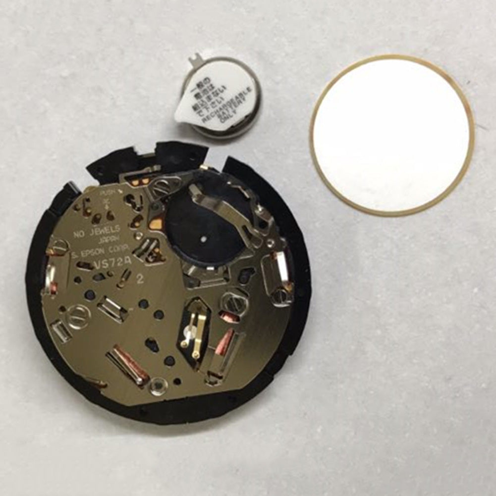Hattori Epson VS72A solar quartz watch movement showing precise Japan-made timekeeping for watch repairs.