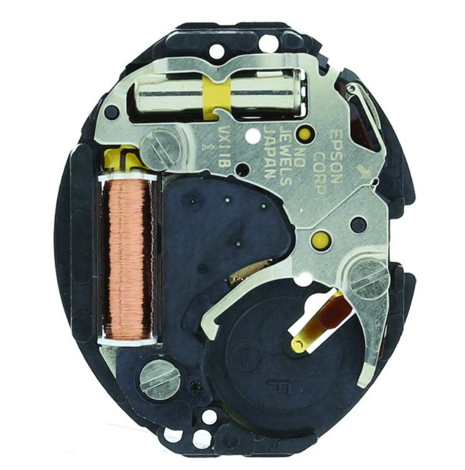 Hattori Epson VX11B quartz watch movement for precise timekeeping, made in Japan.