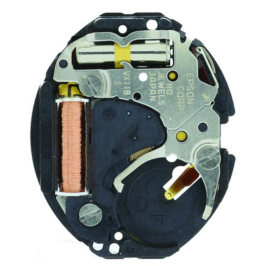Hattori Epson VX11B quartz watch movement for precise timekeeping, made in Japan.