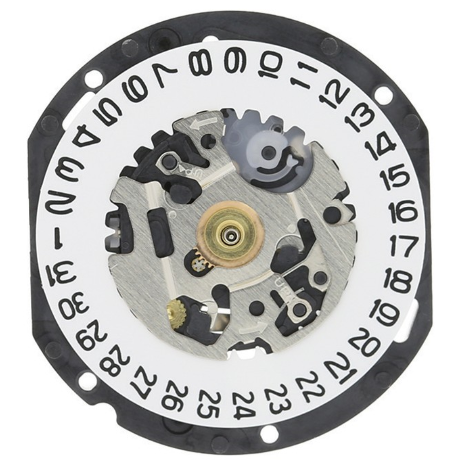 Hattori Epson VX12 quartz watch movement with date display at 3/6, Japan made, precise timing accessory
