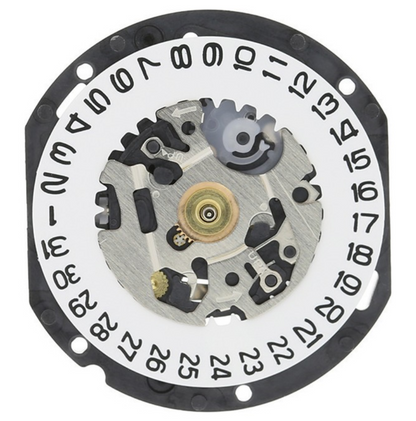 Hattori Epson VX12 quartz watch movement with date display at 3/6, Japan made, precise timing accessory