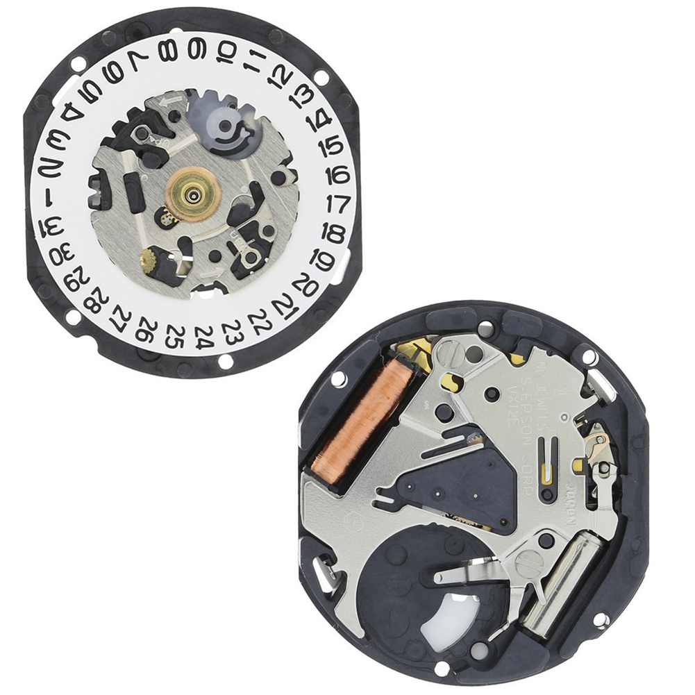 Hattori Epson VX12 quartz watch movement with date window at 3/6, Japan-made precision accessory