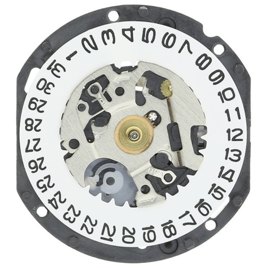 Hattori Epson VX19E quartz watch movement with date display at 3/6, Japan made precision mechanism