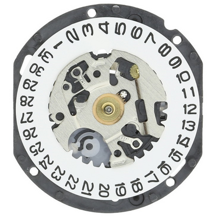 Hattori Epson VX19E quartz watch movement with date display at 3/6, Japan made precision mechanism