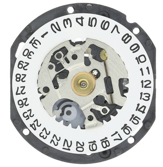 Hattori Epson VX19E quartz watch movement with date display at 3/6, Japan made precision mechanism