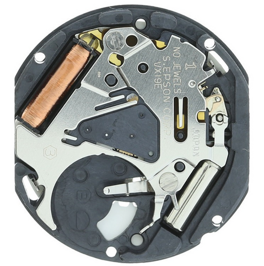 Hattori Epson VX19E quartz watch movement, Japan-made with date display at 3 and 6 o'clock positions.