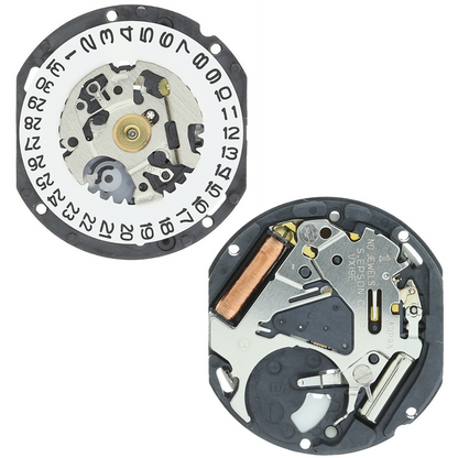 Hattori Epson VX19E quartz watch movement with date display at 3 and 6 o'clock, precision Japanese mechanism
