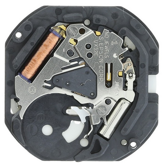 Hattori Epson VX32E quartz watch movement with date display at 3 and 6, Japan-made precision.