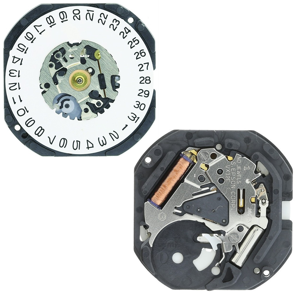 Hattori Epson VX32 quartz watch movement with date window near 3/6 o?clock, Japanese precision craftsmanship.