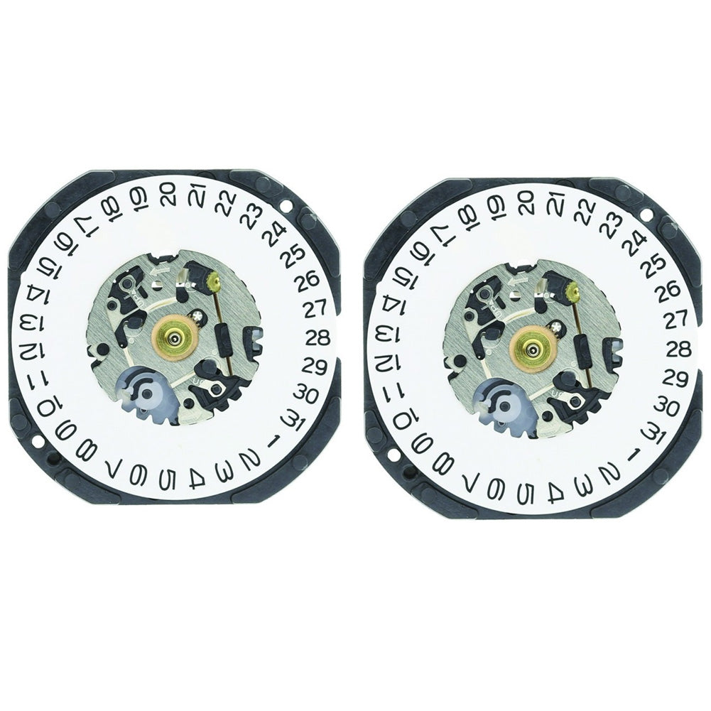 Hattori Epson VX32 quartz watch movement with date window at 3/6, precision Japanese craftsmanship.