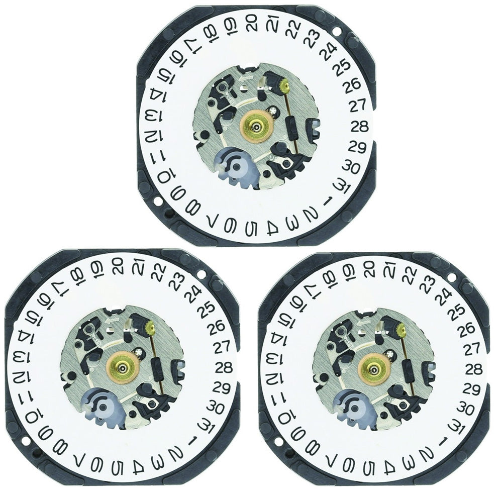 Hattori Epson VX32 quartz watch movement with date window at 3/6 position, precision-made in Japan.