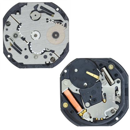 Hattori Epson TMI VX3J quartz watch movement showing precise Japan-made mechanism for watch repairs.
