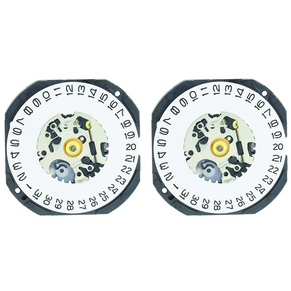 Hattori Epson VX3KE quartz watch movement showing date display at 3 and 6 o'clock, Japan-made precision component