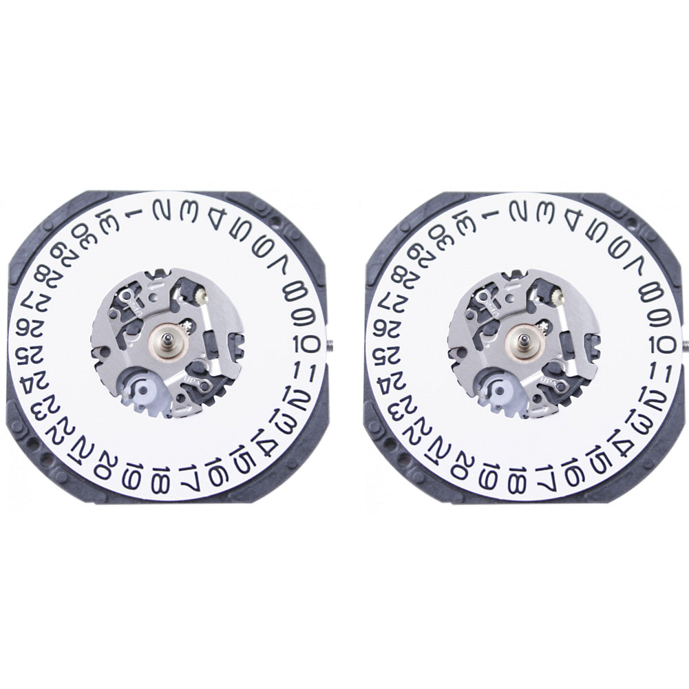 Hattori Epson VX42E quartz watch movement showing date displays at 3 and 6 o'clock, Japan made.