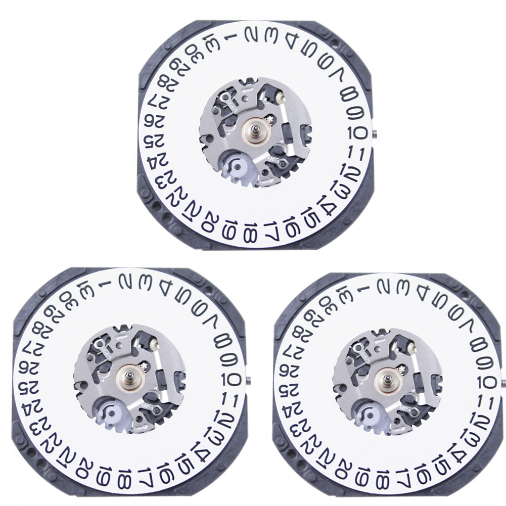 Hattori Epson VX42E quartz watch movement showing date display at 3 and 6, Japan made mechanism.
