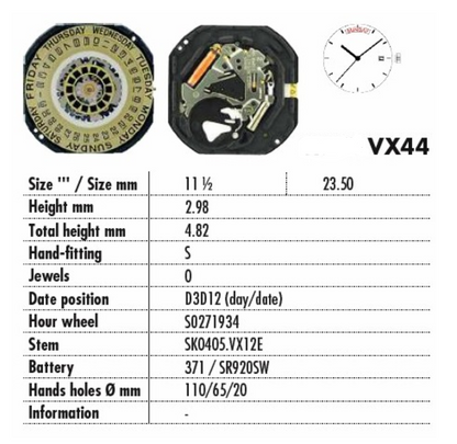 Hattori Epson VX44E quartz watch movement with white and gold dial, precision Japan-made mechanism for watch repairs.