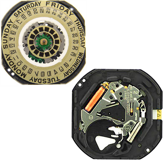 Hattori Epson VX44E quartz watch movement featuring white and golden dial, precision Japan-made mechanism.