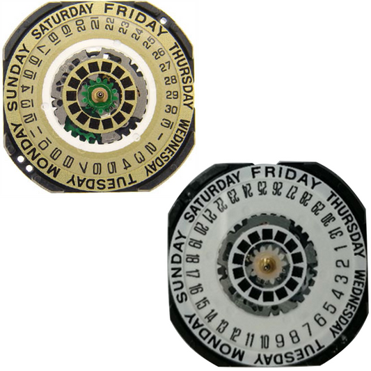 Hattori Epson VX44E quartz watch movement featuring white and golden dial, precision Japan-made mechanism.