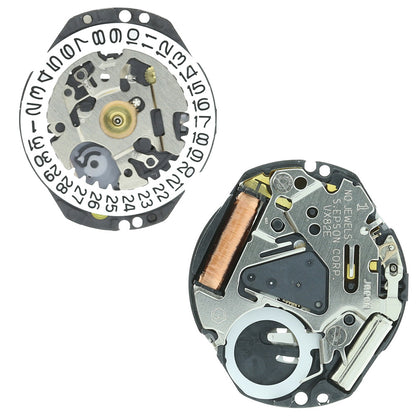 Hattori Epson VX82E quartz watch movement with date windows at 3 and 6 o'clock, Japan made for precise timekeeping.