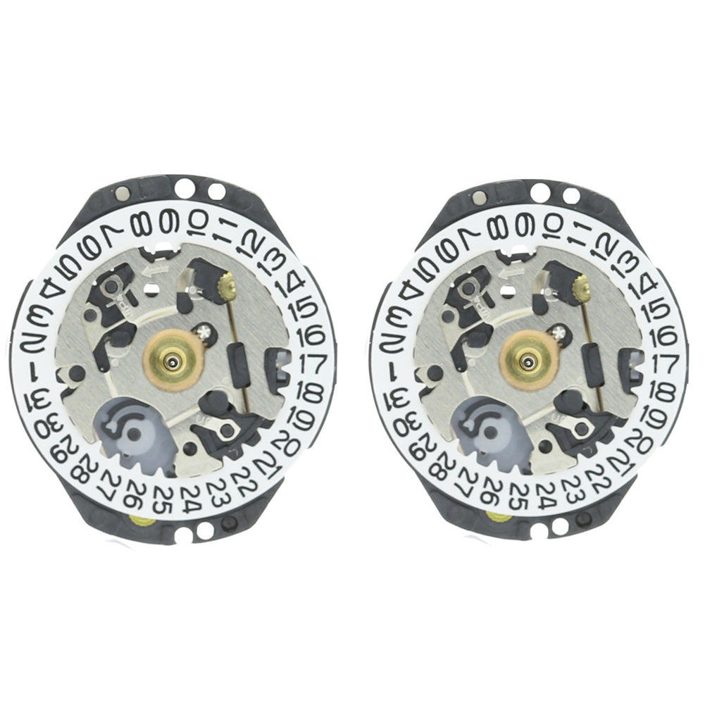 Hattori Epson VX82E quartz watch movement with date windows at 3 and 6 o'clock, Japan made quality.