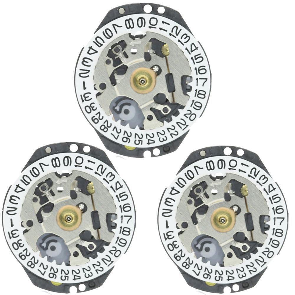 Hattori Epson VX82E quartz watch movement showing date windows at 3 and 6 o'clock, made in Japan.