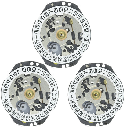 Hattori Epson VX82E quartz watch movement showing date windows at 3 and 6 o'clock, made in Japan.