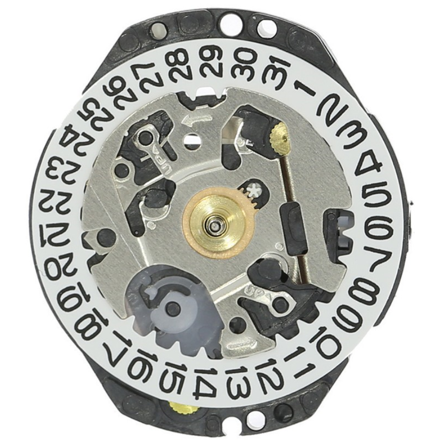 Hattori Epson VX89E quartz watch movement with date display at 3/6, Japan made for precise timekeeping.